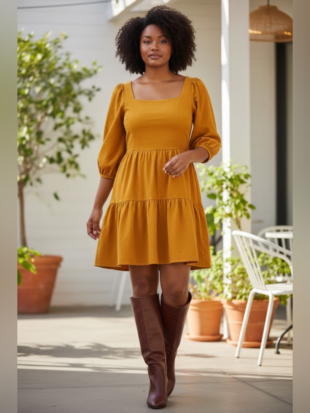 Ava & Viv Mustard Scoop-Neck Puff Sleeve Tiered Mini Dress